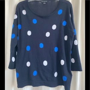 TRIBAL navy cotton sweater w bright blue and white dots.  Medium
